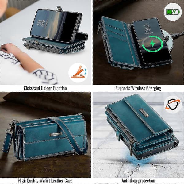 passer til galaxy s21 fe 5g deksel c39 rfid glidelås lommebok stativ skinnveske med stropp Green