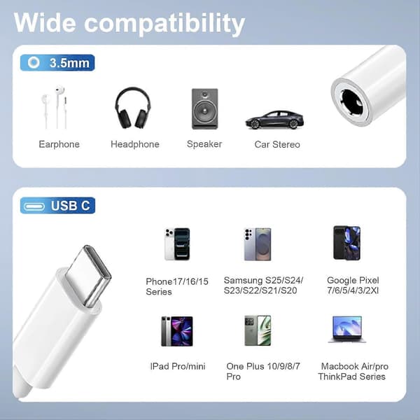 5-pakning USB-C til 3,5 mm hodetelefonkontaktadapter, 24-bit HiFi DAC, USB C til Aux lydkabel for iPhone 17/16/15 Pro, 17/16/15 Pro Max, iPad Pro, Ma