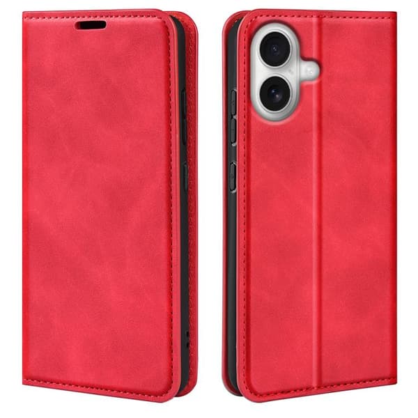 iPhone 17 Skal läderfodral med retro-skin och magnetisk sug Röd