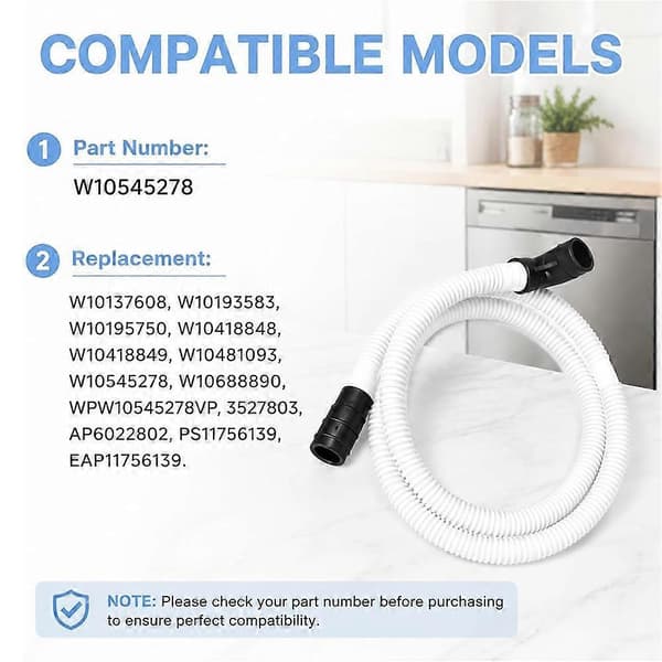 WPW10545278 Diskmaskinsavloppsslang med backventil kompatibel med Whirlpool KitchenAid-modeller, med installationshandskar
