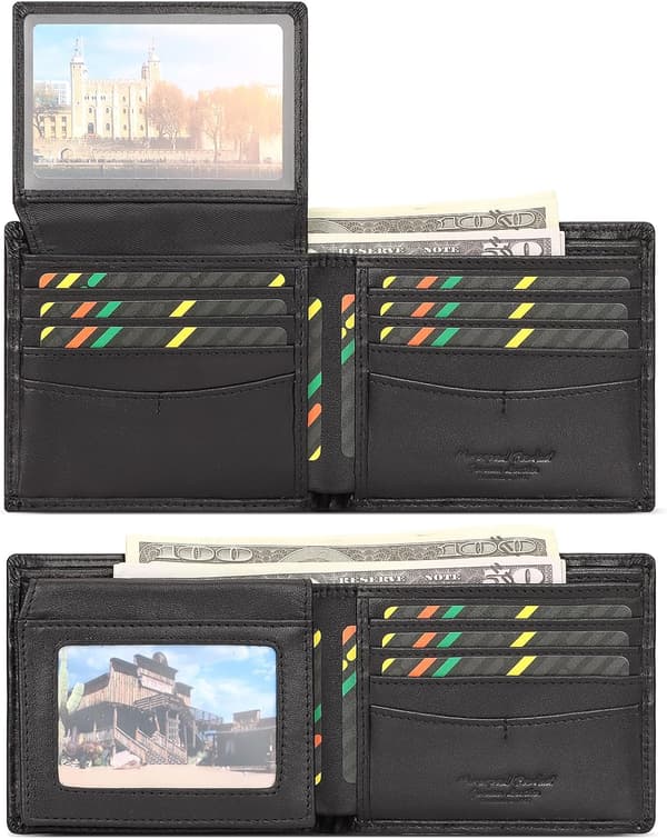 Men's Wallet with Chain Genuine Leather Wallet RFID Blocking Bifold Wallet with ID Window Card Slots, Black