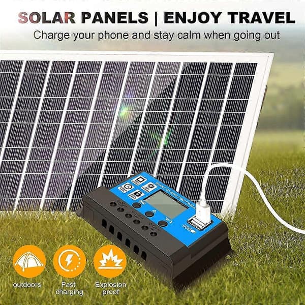 30W 12V Solpanel Batterioplader+40A Controller til autocamper bil båd hjem camping Black