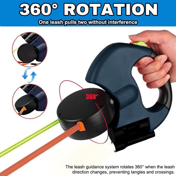 [13]3m Retractable Double Leash for Dogs - LED Light, Non-Slip Grip for 2 Small & Medium Dogs Blue