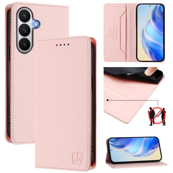 Samsung Galaxy S26 5G Case with Double Foldable Magnetic Suction Function in RFID Leather Rosa