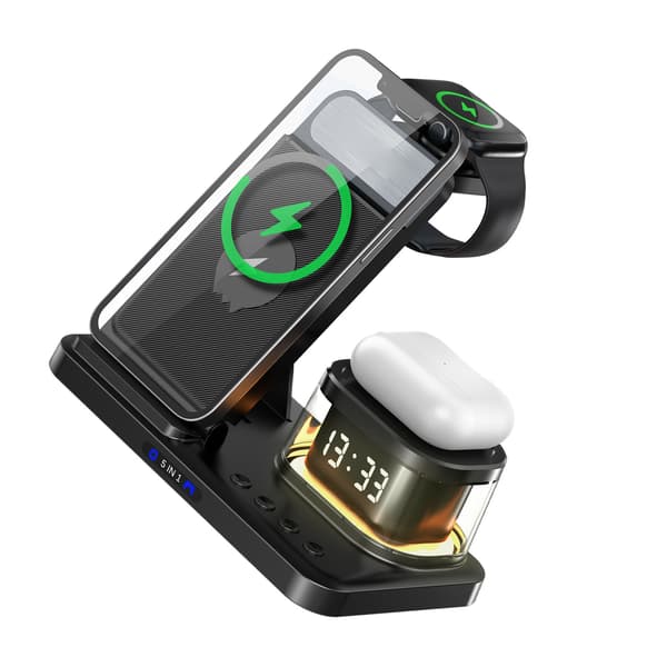 5-in-1 Wireless Charging Station with Clock and Night Light Compatible with Phone, Watch, and Headset