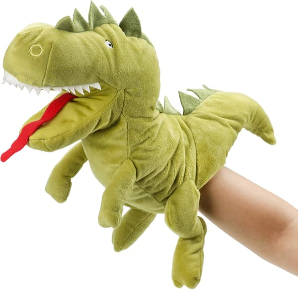 Plyschdinosaurie Handdocka T-Rex med öppen rörlig mun för