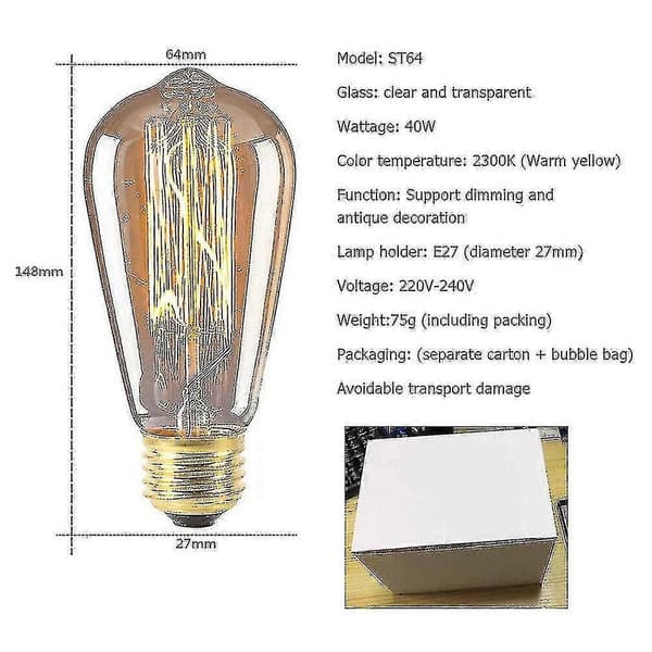 6 stk Retro ST64 E27 Glødepære 40W Varmhvit Vintage Edison Lampe