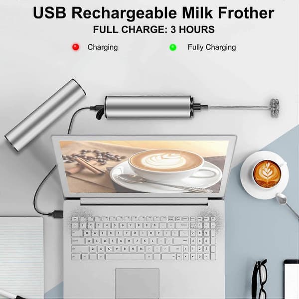 Elektrisk mælkeskummer, USB genopladelig mælkeskummer og minipisker med dobbelt piskeris, rustfri stålblender til kaffefløde cappuccino latte C