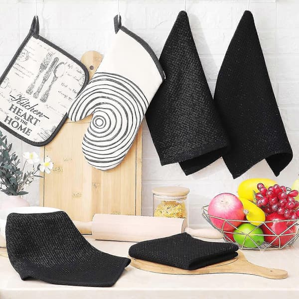 6-pack 100% Cotton Terry Kitchen Towels with Hook, Black Black 34*34cm