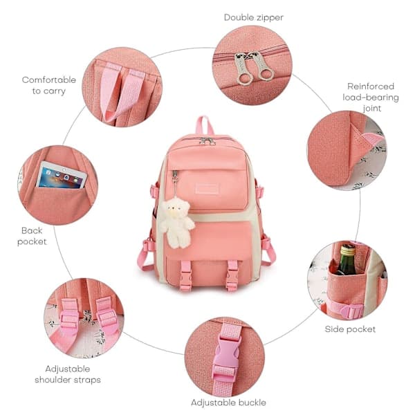 5-pack School Bag Set for Girls, Backpack, Handbag, Shoulder Bag, Pencil Case and Drawstring Bag Pink Pink