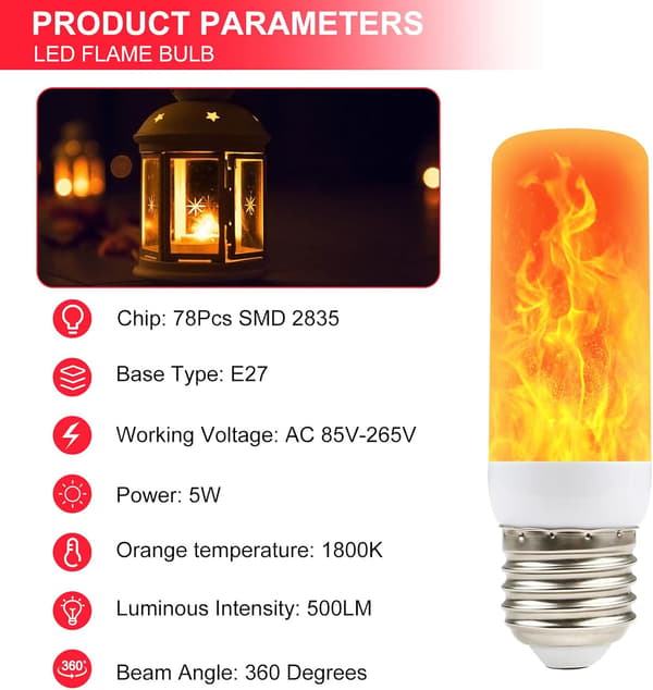 【13】Flammelampe | Flammelamper med flammeeffekt | Flimrende lyspære, 4 lysmoduser LED E27