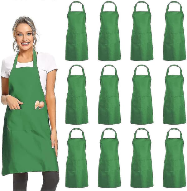 12 Pakke Almindelige Forklæder med 2 Lommer - Sort Unisex Kommercielt Forklæde Bulk Green