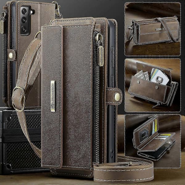 passer til galaxy s21 fe 5g deksel c39 rfid glidelås lommebok stativ skinnveske med stropp Brown