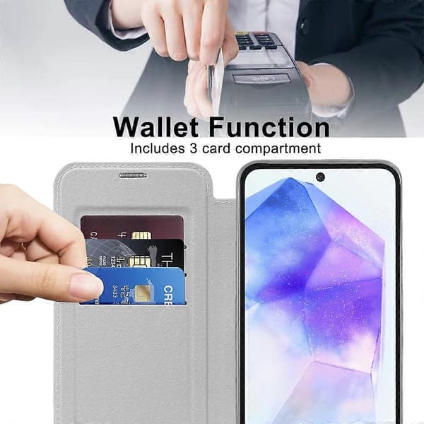 Samsung Galaxy A55 5G Magnetic Case - Leather Card Holder with RFID Blocking, Flip Wallet Case Protective Cover Multicolo Multicolor Titanium Grey