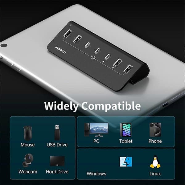 USB-hub 7-porter 10 Gbps USB 3.2 Gen 2-splitter EU-plugg