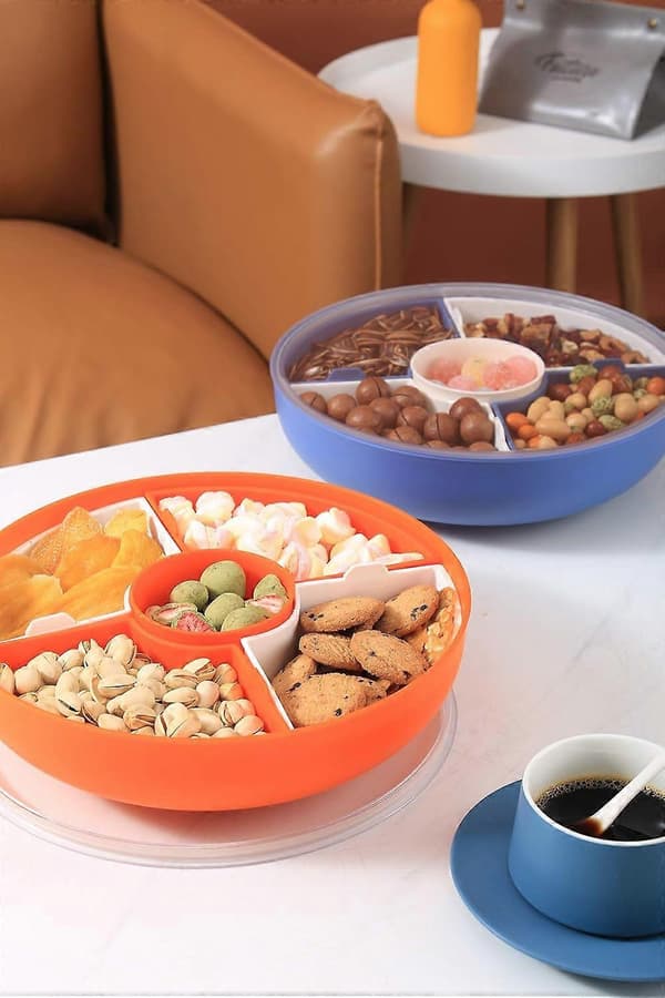 Delade serveringsfat med lock, serveringsskålar, multifunktionell partysnacksbricka för frukt, nötter, godis, kex, grönsaker