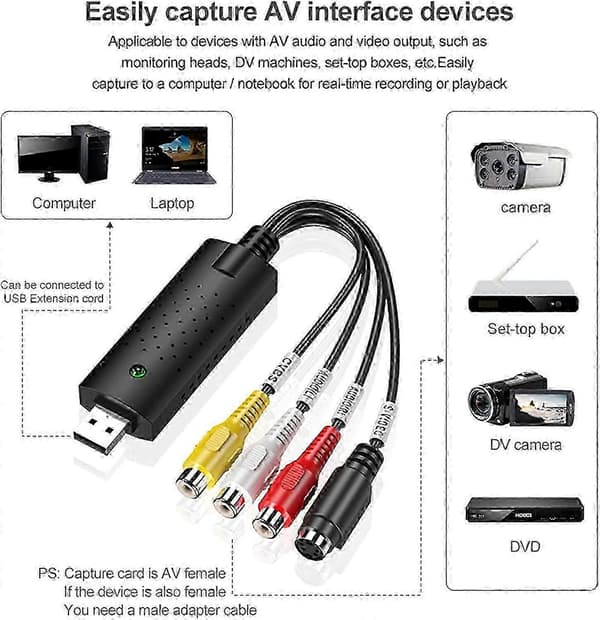 VHS/Hi8 til Digital/DVD-konverter med USB 2.0 video- og lydopptak for Windows 10/8/7