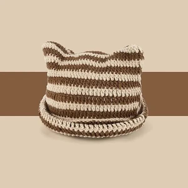 Dam Kattmössa i Stickad Virkning med Öron Stickad Vintervarm Elastisk Mössa Slouchy för Flickor Vuxna Barn Brun