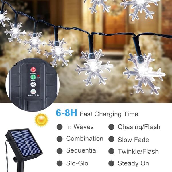 Solarbelysning for utendørs bruk, 12M 100 LED Snøfnugg Julelys Vanntett 8 Lysmoduser Dekorasjonslys (Snøfnugg)