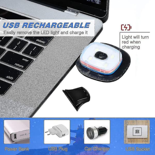 USB-oppladbart lys kompatibelt med LED-strikket lue, 4 stykker, sterk, middels og svak lysmodus LED-lue