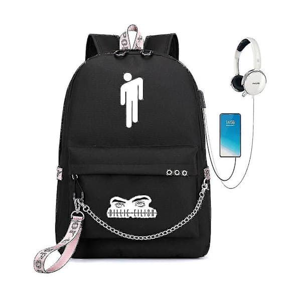 Billie Eilish -reppu naisille, 16 tuumaa USB-latausportilla, Black_MGF