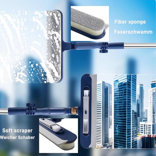 [13R]2-in-1 Extendable Window Cleaner – 120 cm Telescopic Squeegee & Scrubber, Rotating Head for Windows, Mirrors & Showers – Blue