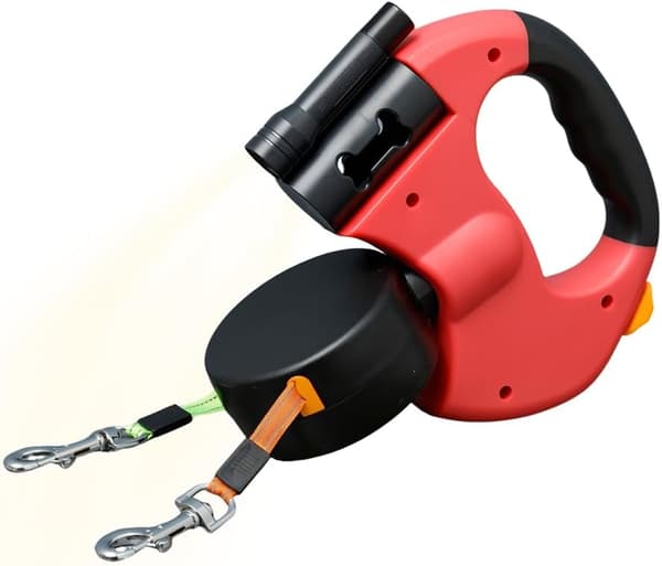 [13]3m Retractable Double Leash for Dogs - LED Light, Non-Slip Grip for 2 Small & Medium Dogs Red