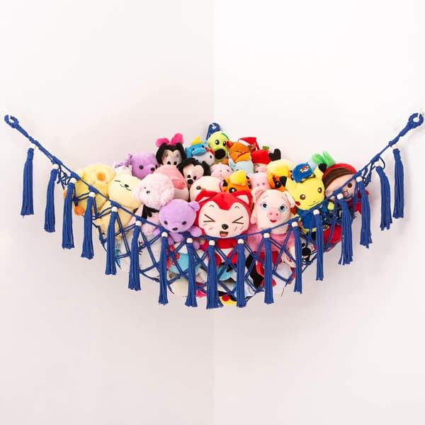 Sininen käsintehty riippuva pehmoleluhammock, suuri sininen pitsihammock, kulma