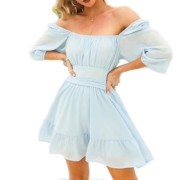 Dame Sommer Off-shoulder Kjole Jenter Uformelle Kjoler Polyester Bursdag Blue L