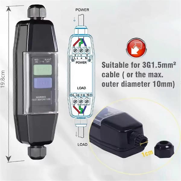 Inline RCD-stik, PRCD mellemliggende sikkerhedsafbryder, 30mA Black