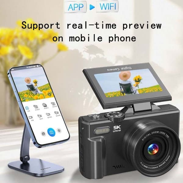 5K Rotatable Screen Vlog Micro Single Camera - 75MP, 18x Zoom White Black