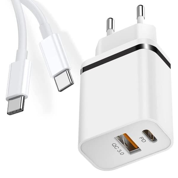 Væglader 2-port - E.F.CONNECTION - PD+QC 3.0 - Sort - USB-C-kabel 1m Vit