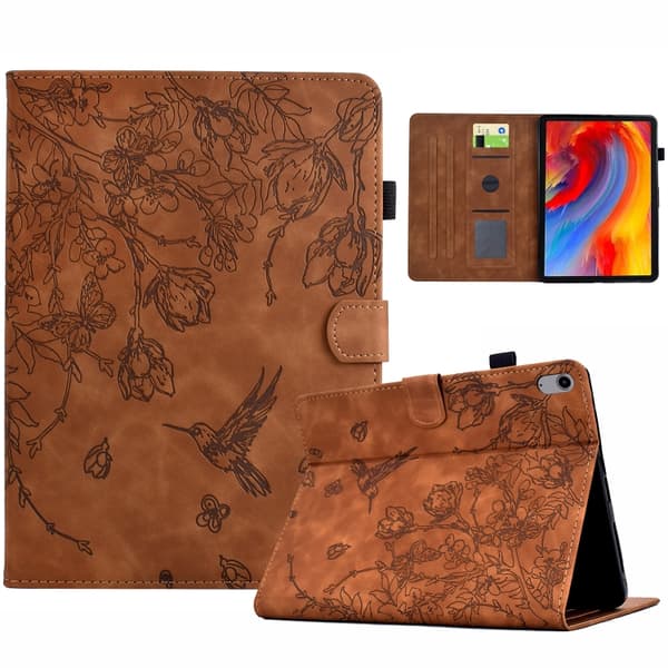 [13R]iPad mini 2024 / mini 6 Case with Flowers and Bird Embossing - Smart Leather Cover Brun
