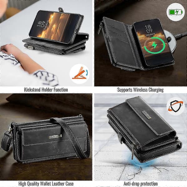 passer til galaxy s21 fe 5g deksel c39 rfid glidelås lommebok stativ skinnveske med stropp Black