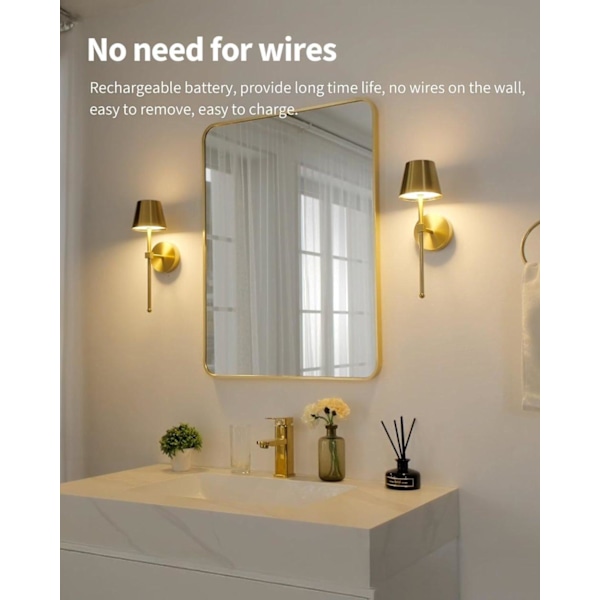 Wireless Wall Sconces 2-pack, LED Lamps with Rechargeable Battery, Stepless Dimmable with Remote Control Gold gold