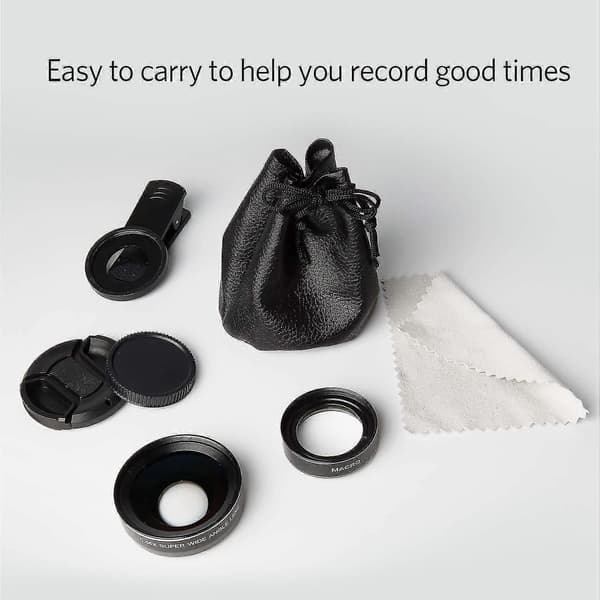 Pro-linsekit for iPhone, Samsung, Pixel, makro- og vidvinkelobjektiv med LED-lys og reiseveske