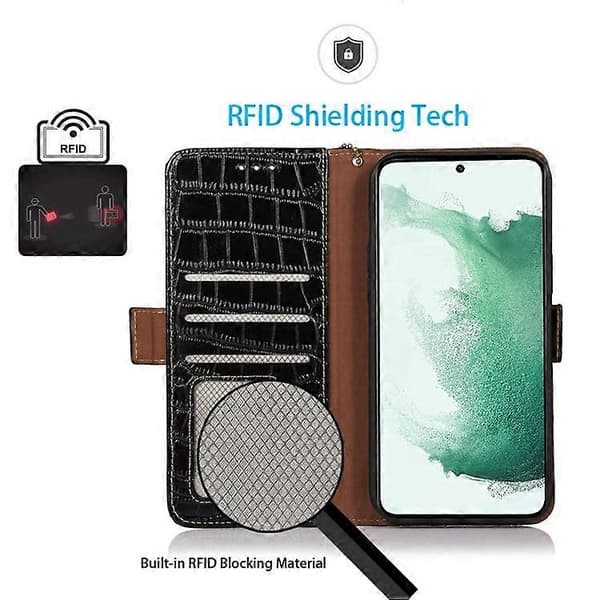 Compatible with Samsung Galaxy S21 FE 5G RFID Genuine Leather Wallet Phone Case, Crocodile Texture Foldable Stand [DB] Black