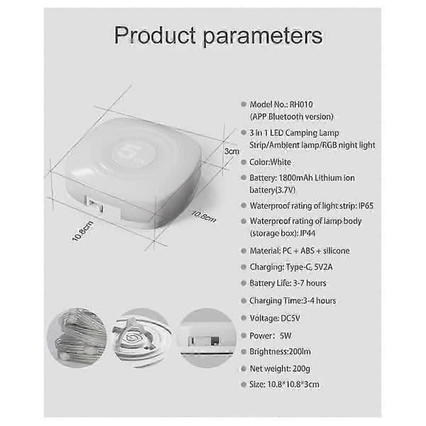 LED Smart APP RGB Camping-lysslynge: Vanntett, oppladbart utendørs nattlys White