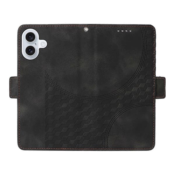 【13】Compatible with iPhone 17 Leather Case Wallet Rhombus Embossed Phone Cover Stand with Strap - Perfect Black