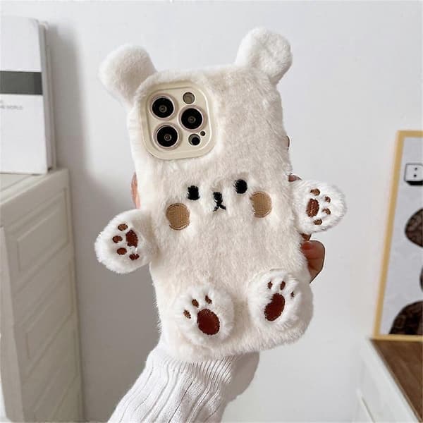 [13]iPhone 15 Pro Case Cartoon 3D Bear Fluffy Plush TPU Winter Warm Phone Cover
