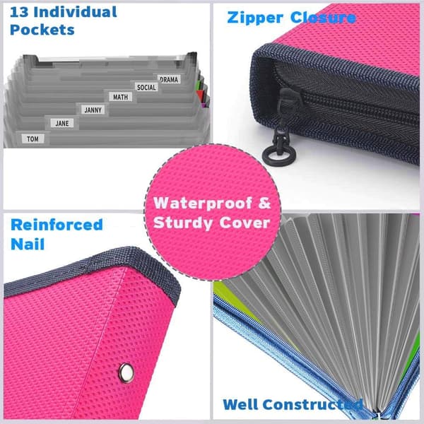 1 Piece Expanding File Organizer, Fun Storage Document Folder Box Files, 13 Pockets Zipper Archive Folders Pink