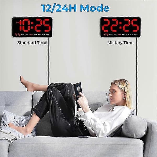 Digital väggklocka, 9-tums LED digital klocka stor display med 12/24H, stora siffror, liten tyst väggklocka (röd) BlackRed Letters