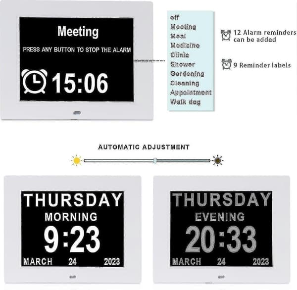 [13] Demensklokke med stor digital kalender for eldre, dag- og datovisning-FA-