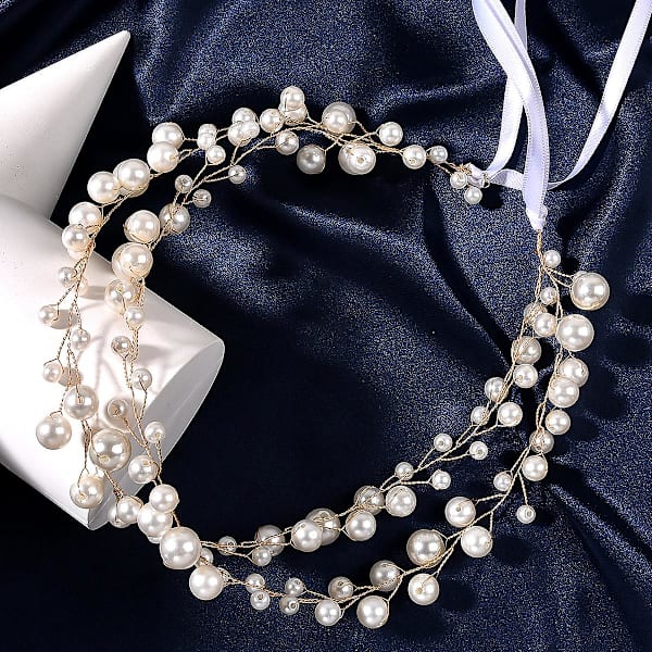 Häät päähine pitsinauhalla Pearl Design -hiusasusteet naisten tytöille Gold Double Layer