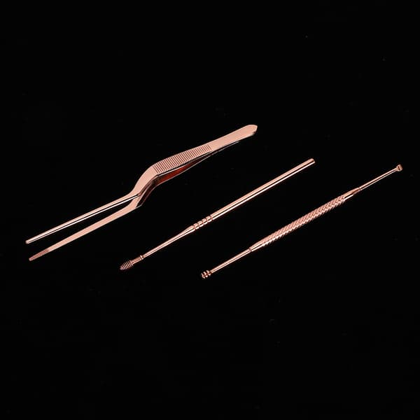 3 Dobbelt Hoved Ørepind Voksfjerner Curette Pincet Sæt i Rustfrit Stål Rosaguld