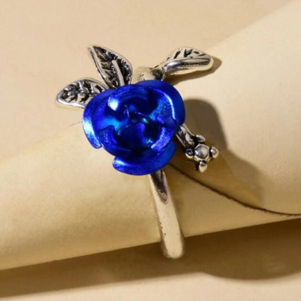 Tvåfärgad tunn kopparförlovningsring Kvinnor Rose Flower Leaves Ring Smycken Accessaries Silver