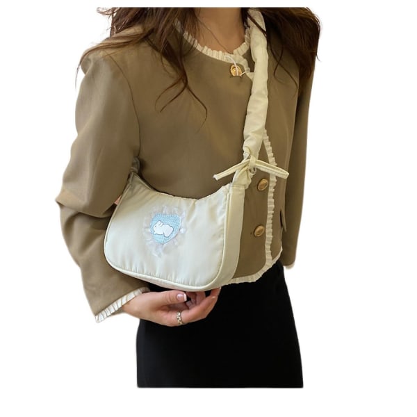 Crossbody-väskor för kvinnor Mjukt mode Härlig rosett Crescent Axelväska Mode Canvas Dumplings Handväska (vit)
