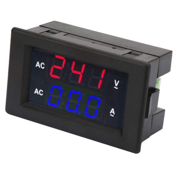 Digital LED voltmeter/strømmåler - AC 100-300V, 0-10A (rød/blå)