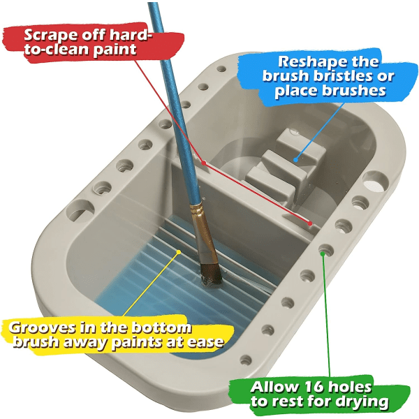 Borstrengöringsmedel, borsthållare och förvaringslåda med palett för akryl, akvarell och vattenbaserade färger (grå)