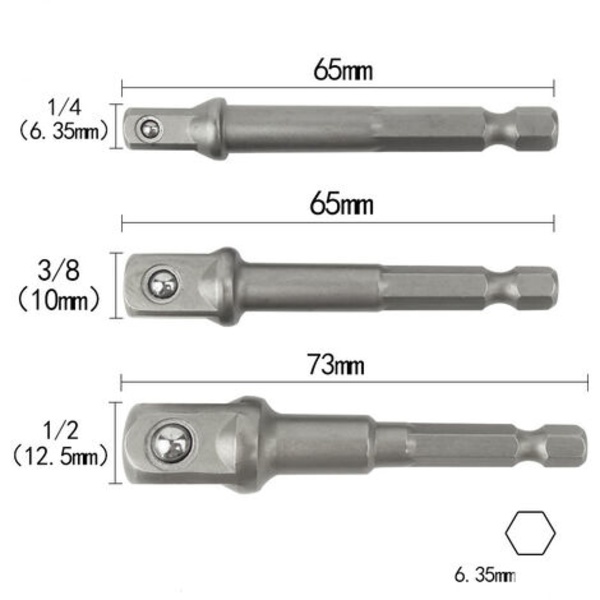 Adaptrar för uttagshållare på borr-/slagskruvdragare. Set med 3 1/4", 1/2", 3/8" fyrkantig sexkantsdornadapter i Chome Vanadium (L